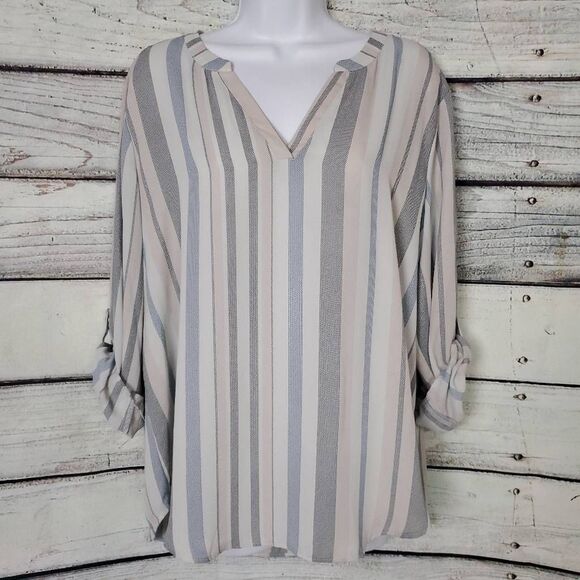 Maurices Women’s Blouse XL Gray Beige Stripe Long Sleeve Roll Tab Tunic - Picture 1 of 6